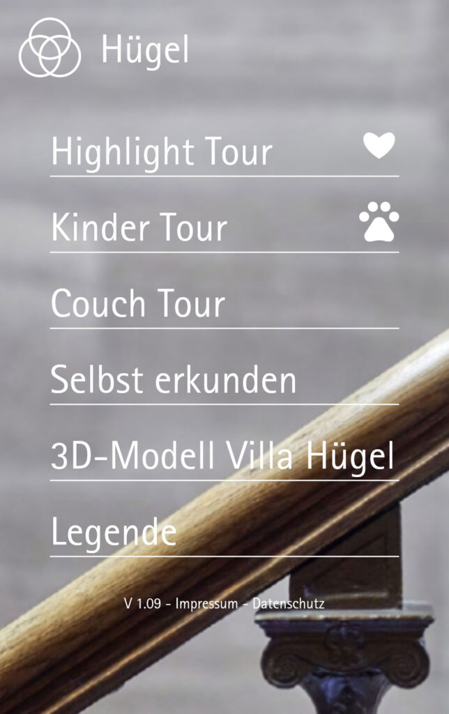 Screenshot Startseite der Villa Hügel App