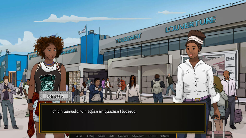 Screenshot des Spiels „Jeannes Reise“ am Flughafen