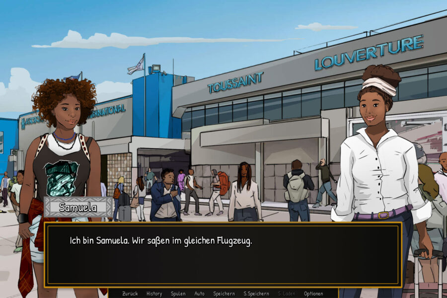 Screenshot des Spiels „Jeannes Reise“ am Flughafen